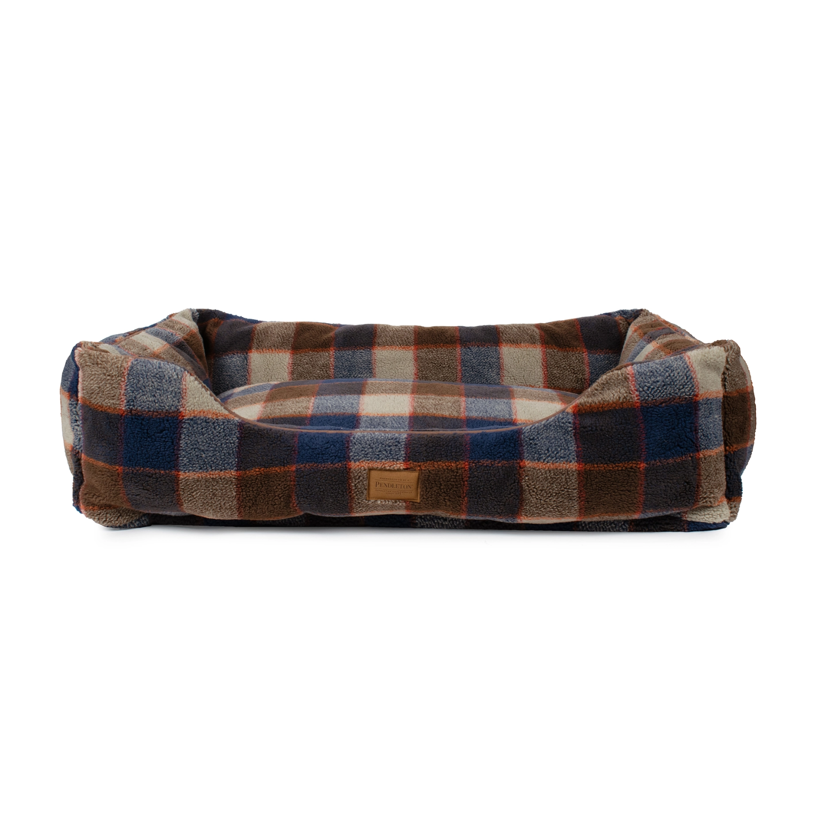 Plaid patterned pet bed on a white background