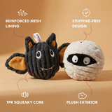 Two plush toys, one black and one white, on a beige background with features highlighted.