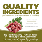 Advertisement for pet food with raw meat and greens, emphasizing quality ingredients.