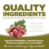 Advertisement for pet food with raw meat and greens, emphasizing quality ingredients.