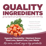Advertisement for pet food with salmon pieces and text about quality ingredients and benefits.