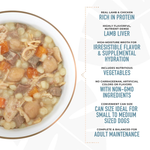 Dog food can with text highlighting ingredients and benefits on a white background