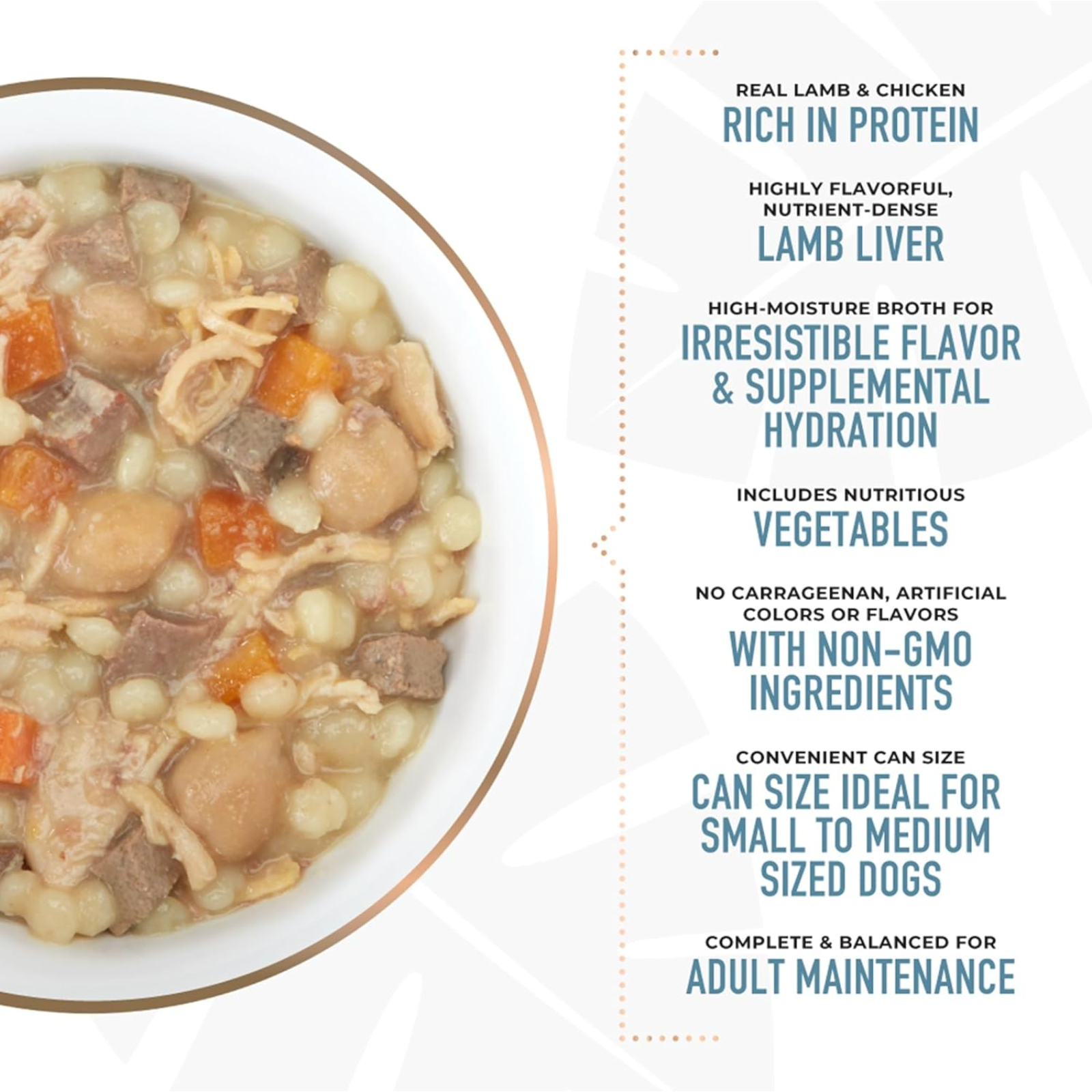 Dog food can with text highlighting ingredients and benefits on a white background