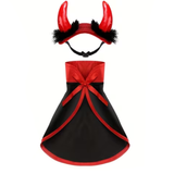 A devil costume set featuring a black cape with red trim and a large red bow, paired with a red horned headband with black faux fur trim, shown on a plain white background.