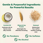 Product ingredients with coconut, wheat, and oatmeal, and claims of no parabens, sulfates, or alcohol.
