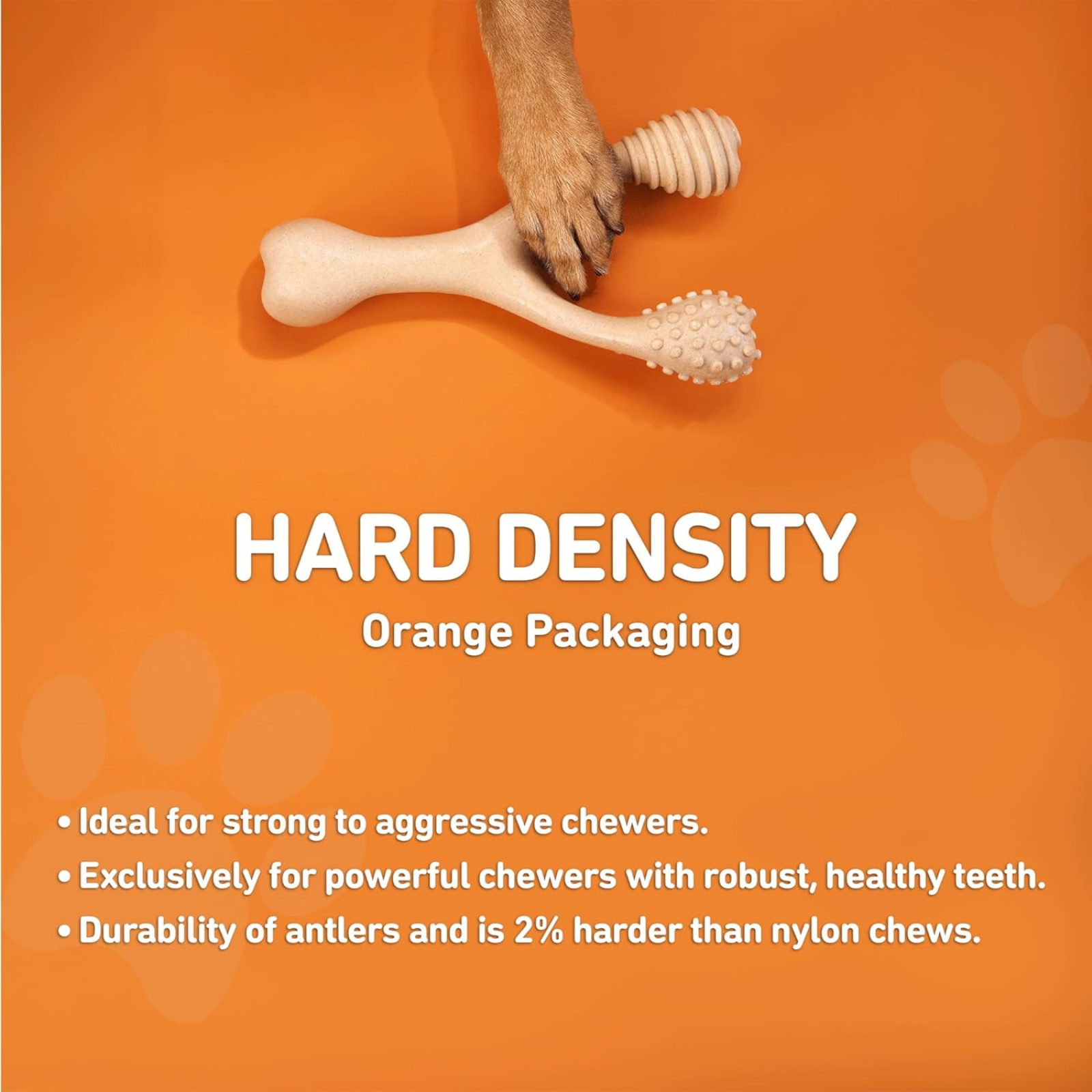 Dog chew toy with a paw on an orange background, featuring text about hard density packaging.
