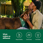 Man petting a brown dog outdoors with a green banner at the bottom displaying values.