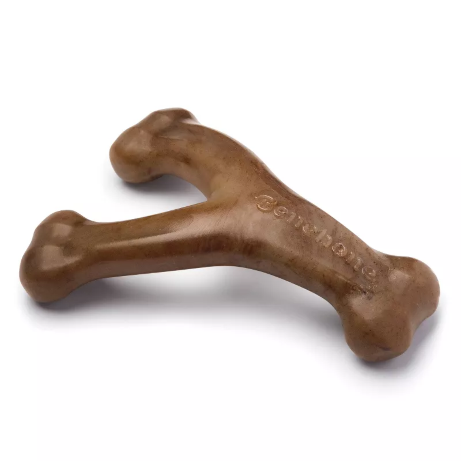 Brown dog chew toy shaped like a bone on a white background