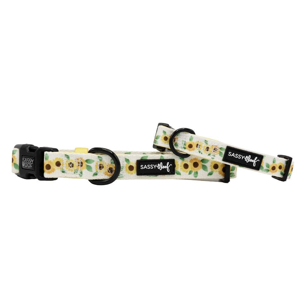 Dog collar with sunflower pattern and 'Sassy Woof' branding on a white background
