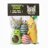 Packaged catnip toys with 'Smokey's Stash' branding on a white background