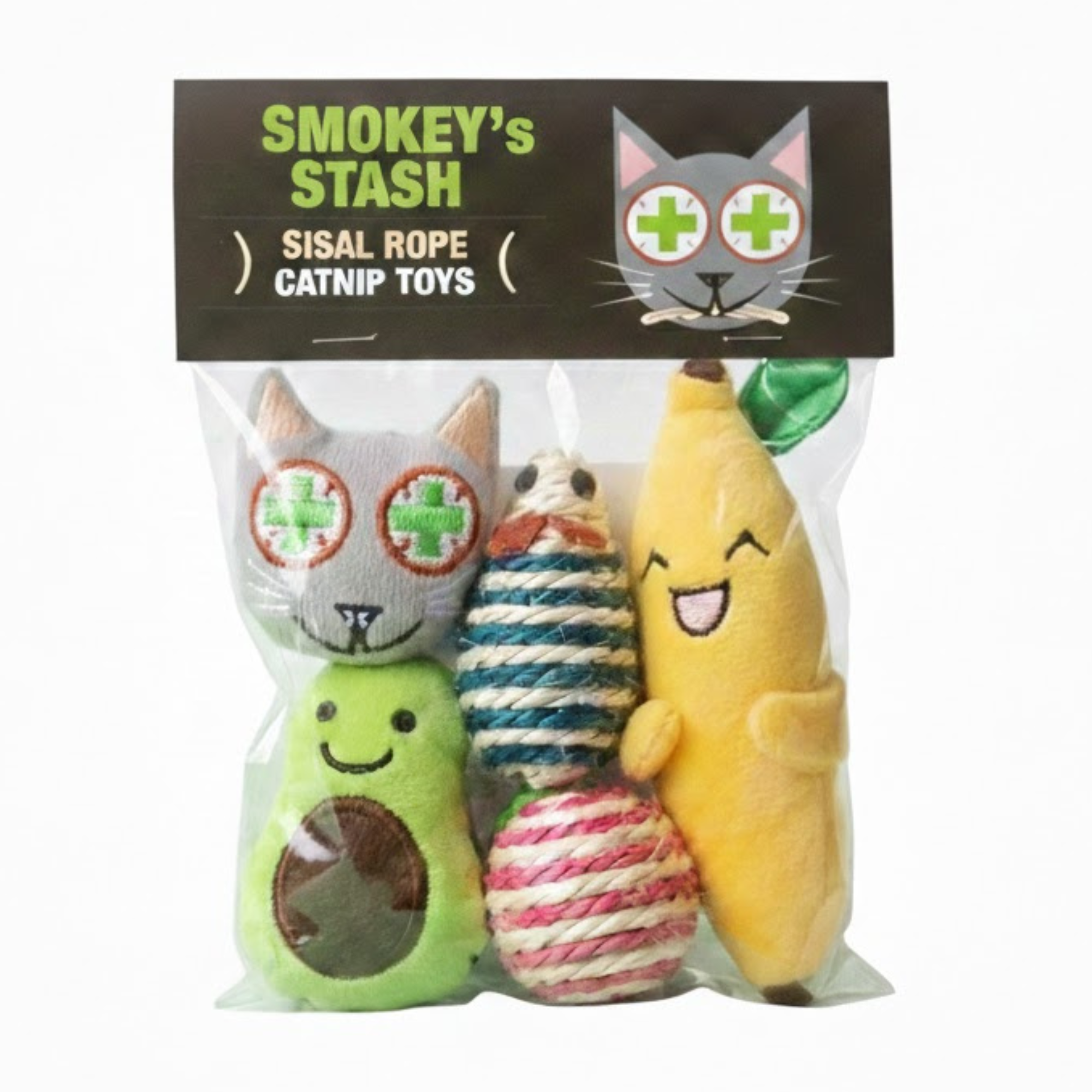 Packaged catnip toys with 'Smokey's Stash' branding on a white background