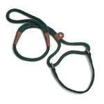 A dark green braided rope dog leash with brown leather accents and brass hardware, displayed on a clean white background.
