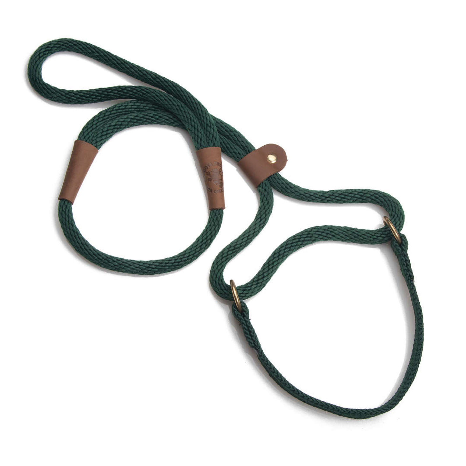 A dark green braided rope dog leash with brown leather accents and brass hardware, displayed on a clean white background.