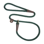 A dark green braided rope leash with brown leather handle loops and a gold-tone metal ring, displayed on a clean white background.