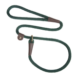 A dark green braided rope leash with brown leather handle loops and a gold-tone metal ring, displayed on a clean white background.