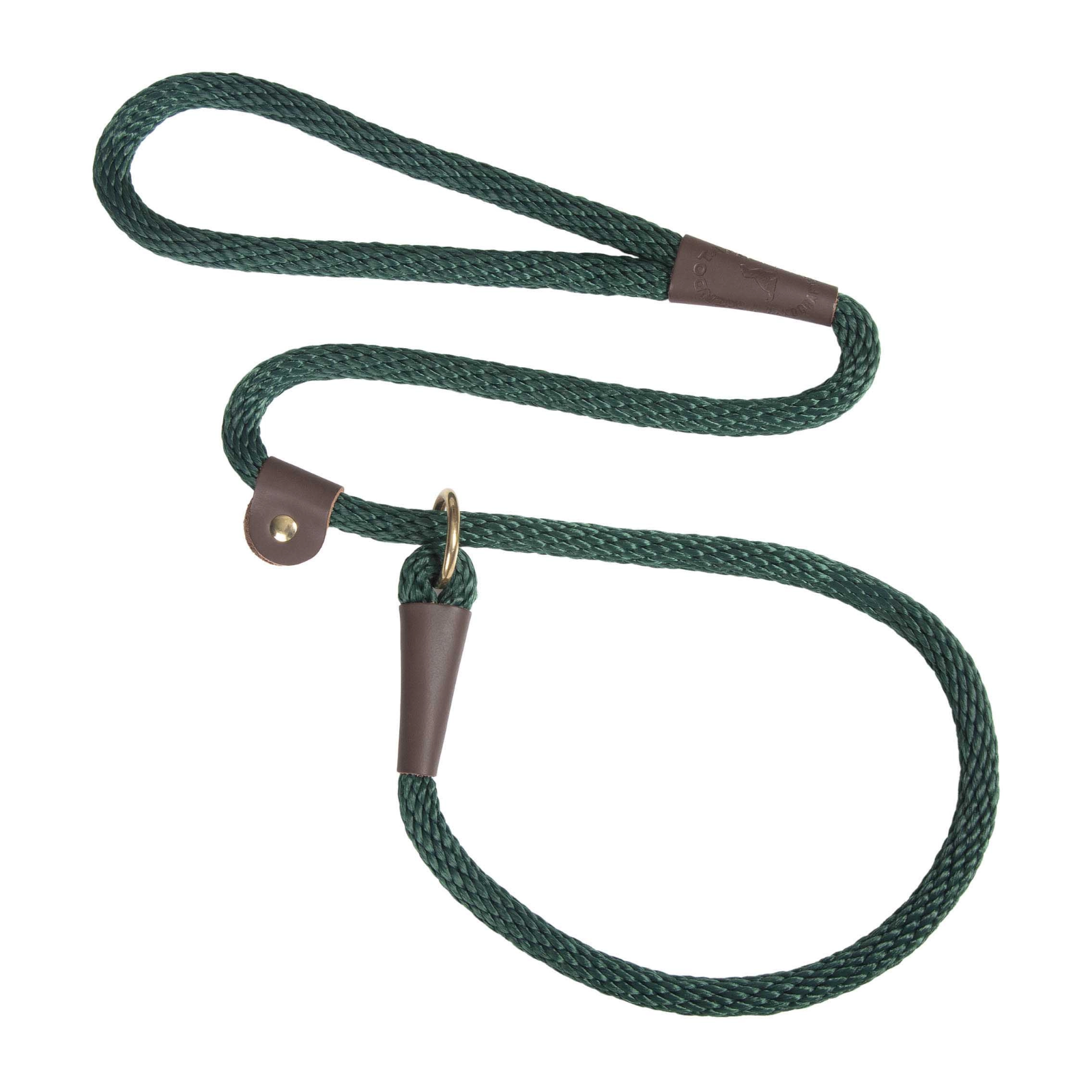 A dark green braided rope leash with brown leather handle loops and a gold-tone metal ring, displayed on a clean white background.