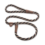 A braided rope dog leash with a black and tan pattern, featuring brown leather accents and a silver metal ring, displayed on a clean white background.