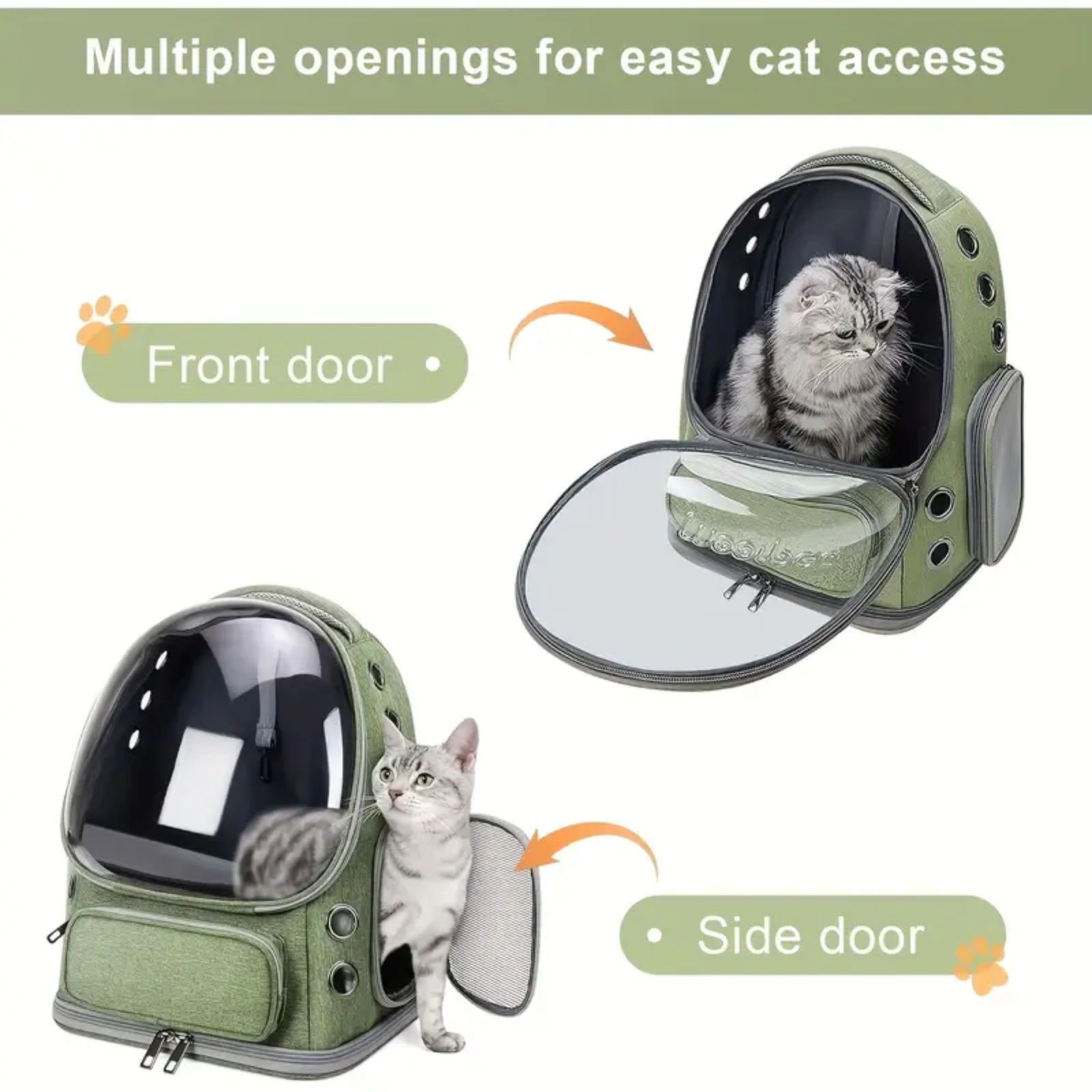 Green pet carrier with front and side doors open, showing a cat inside.