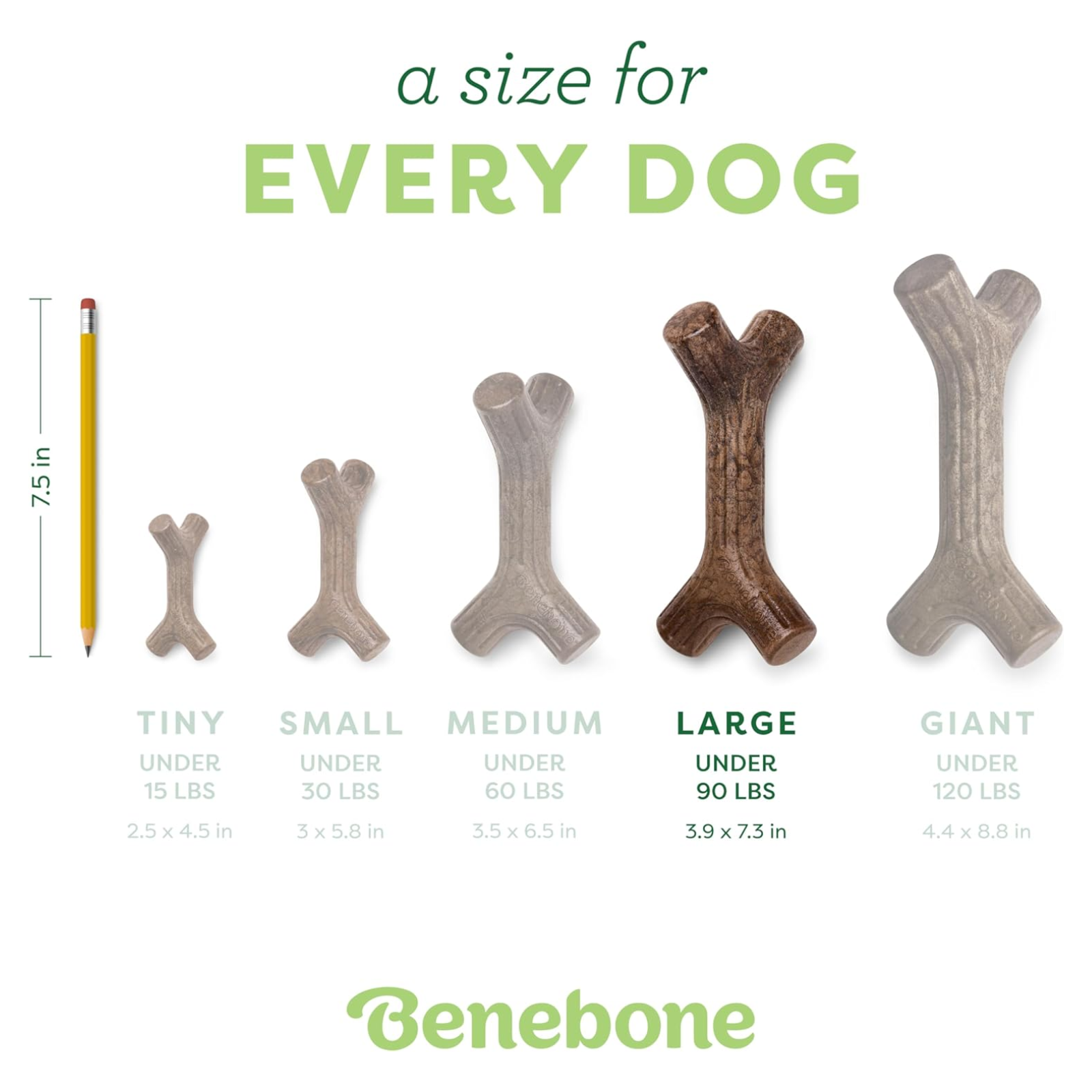 Benebone dog chew toy sizes chart with measurements and Benebone branding.