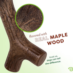Dog chew toy flavored with real maple wood on a light green background