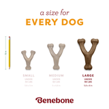 Benebone dog chew toy with size chart and Benebone branding on a white background