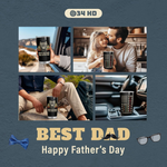 Collage of a man holding a mug with a child, sitting outdoors, and inside a car with a 'Best Dad' mug.
