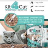 Kit4Cat cat urine sample collection sand packaging with a gray cat and product details.