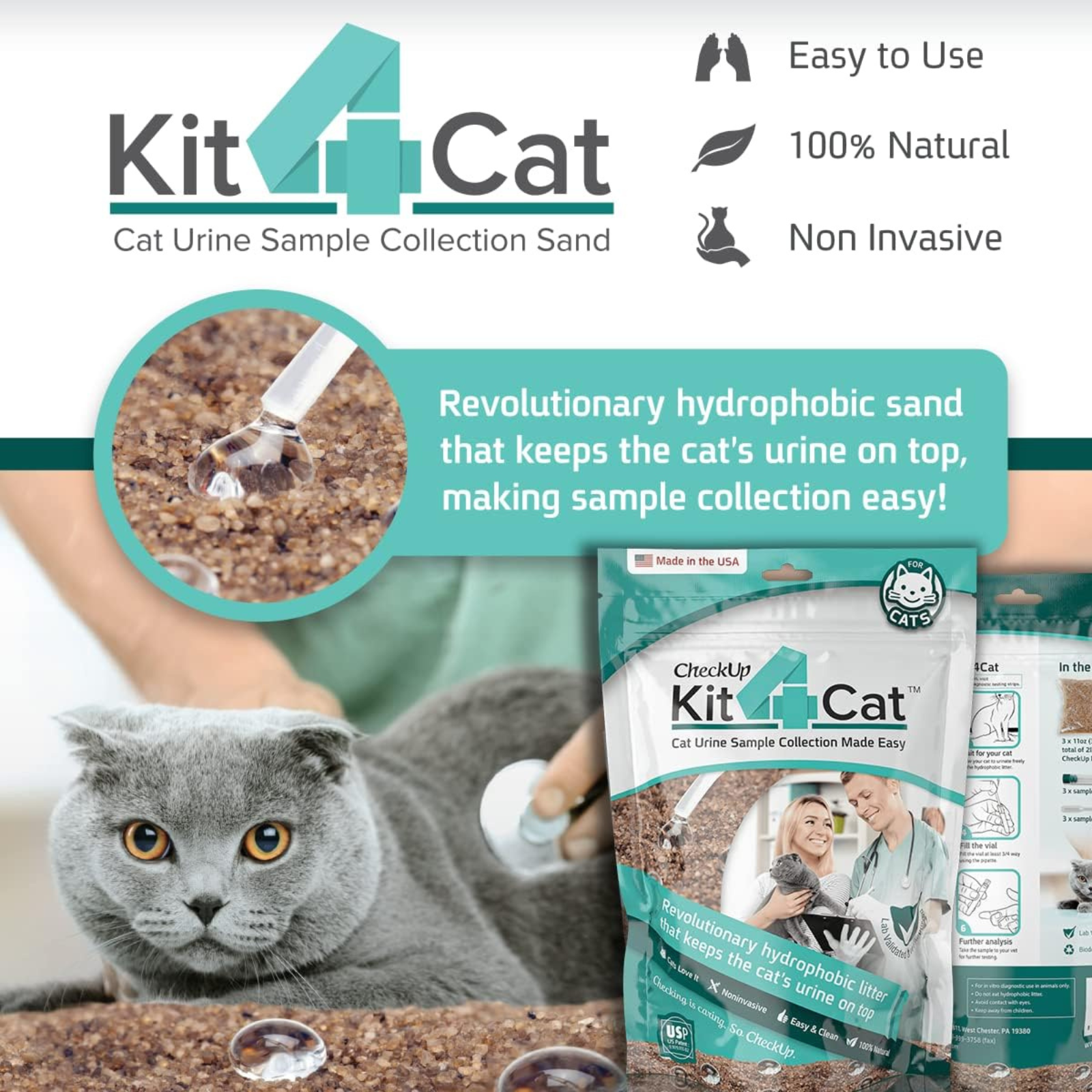 Kit4Cat cat urine sample collection sand packaging with a gray cat and product details.