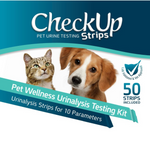 CheckUp Strips Pet Wellness Urinalysis Testing Kit packaging with a cat and dog on a blue background