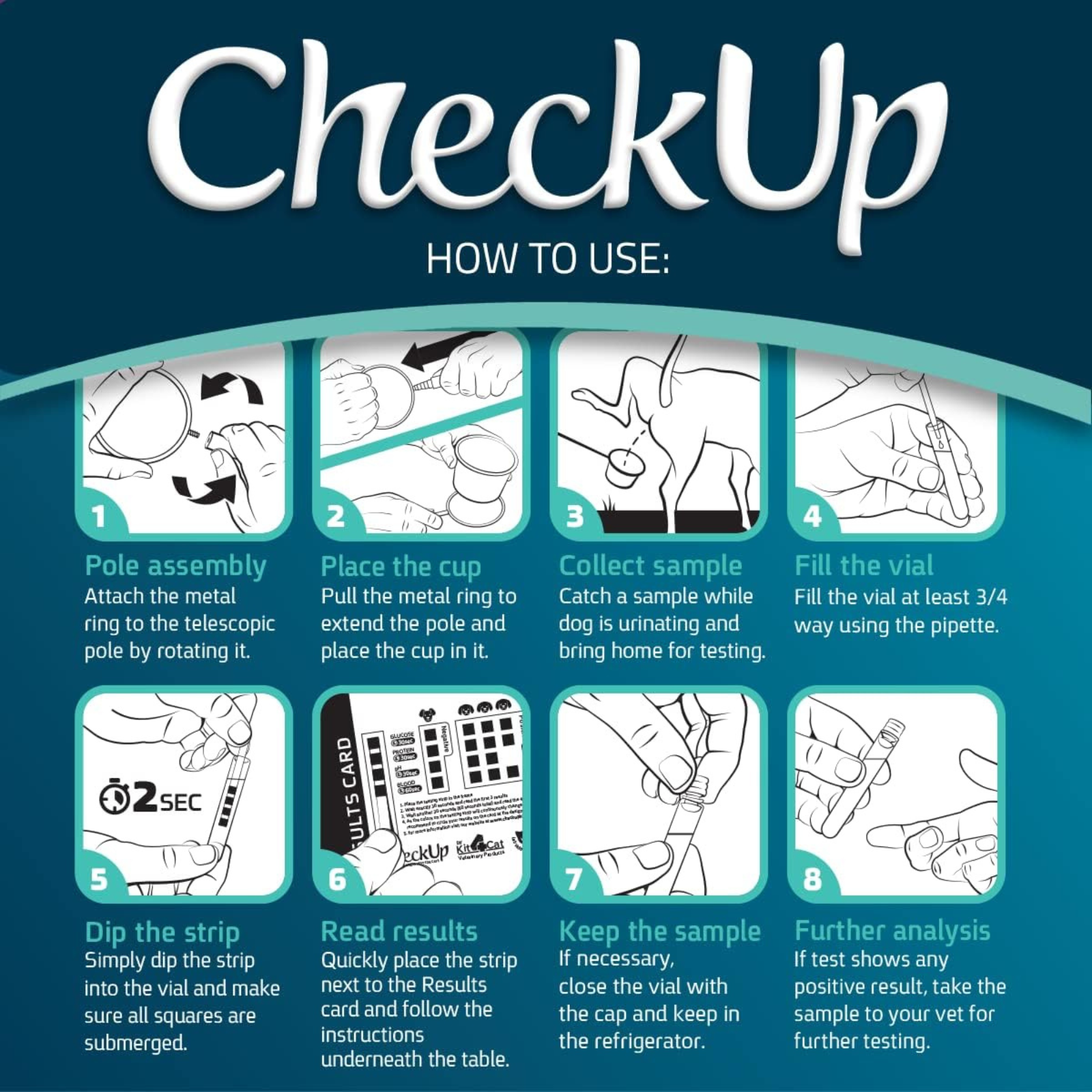 Instructions for using a 'CheckUp' product on a blue background