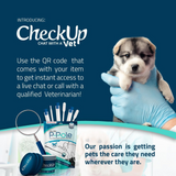 Advertisement for CheckUp veterinary service with a puppy and medical tools on a blue background