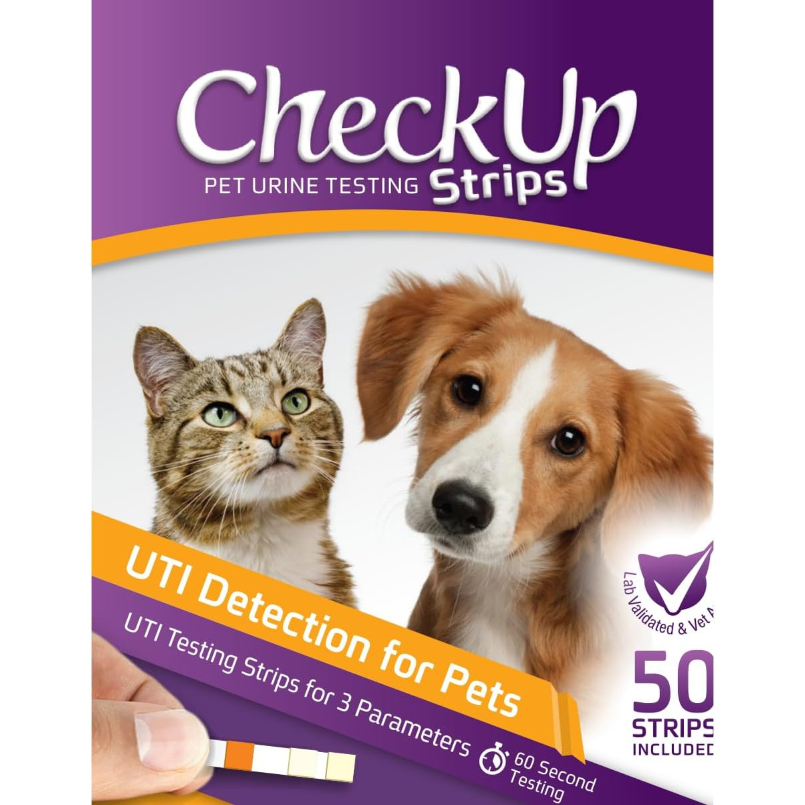 CheckUp Strips packaging for pet urine testing with a cat and dog on a purple background