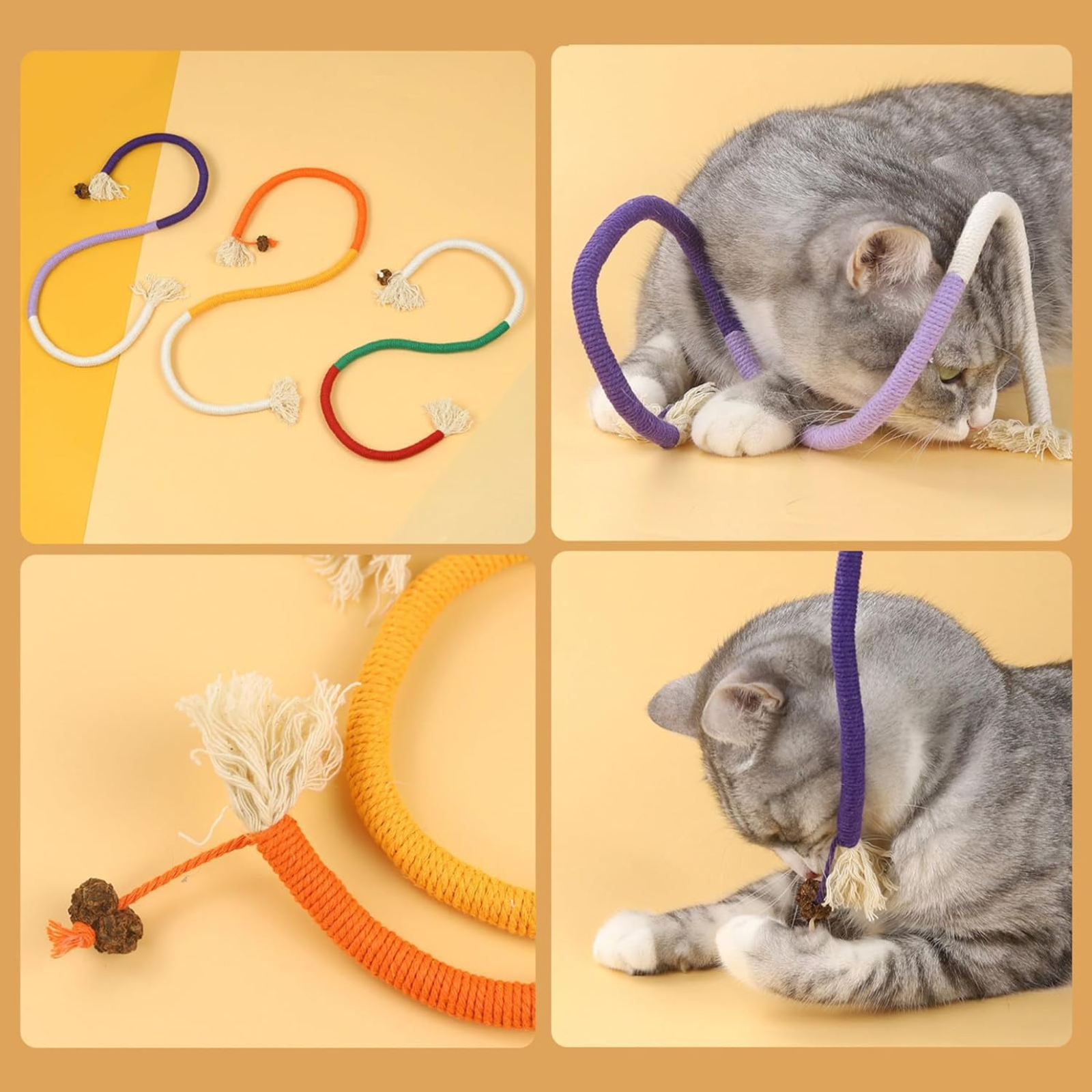 Cat toys with colorful braided ends and a cat playing with one of them on a beige background.