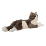 Plush toy cat lying on a white background