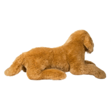Brown plush dog toy on a white background