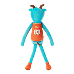A plush toy shaped like a goat character, shown from the back. The toy has a bright turquoise blue body, brown horns, and wears an orange basketball-style jersey with the text 'GOAT 83' in white and black.