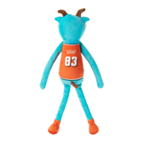 A plush toy shaped like a goat character, shown from the back. The toy has a bright turquoise blue body, brown horns, and wears an orange basketball-style jersey with the text 'GOAT 83' in white and black.