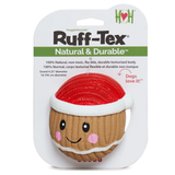 Ruff-Tex Natural & Durable dog toy in its retail packaging, featuring a gingerbread man dog toy wearing a red Santa hat with white trim.
