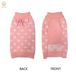 Pink polka dot dog sweater with a bow on the back, shown from front and back views.