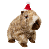 A plush toy capybara wearing a red and white Santa hat, isolated on a white background.