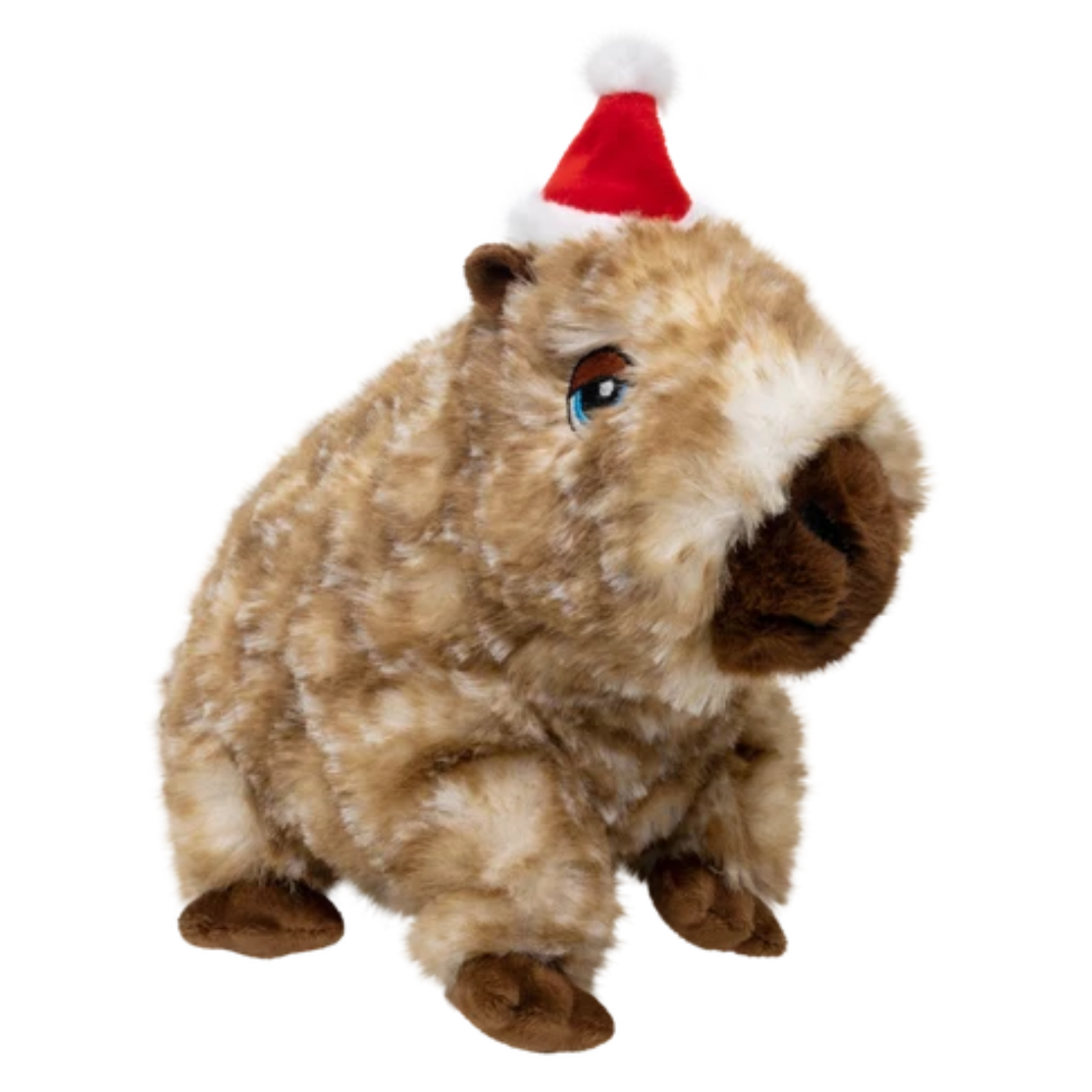A plush toy capybara wearing a red and white Santa hat, isolated on a white background.