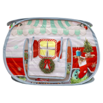 A pop-up children's play tent decorated with a Christmas theme, featuring a red and white striped awning, a window with candy cane trim, a green wreath, a Christmas tree, and a Santa stocking.