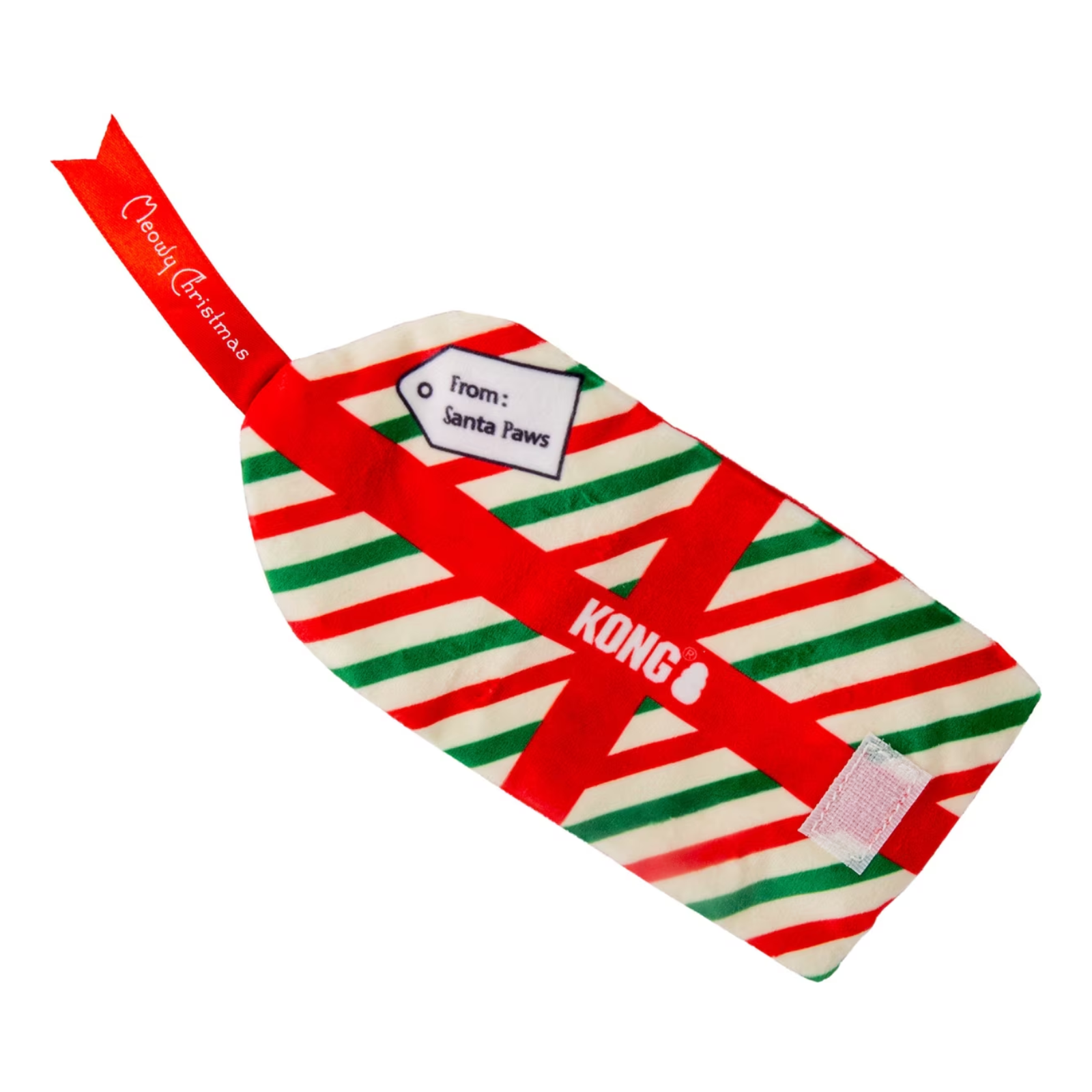 A Christmas-themed dog leash made of red, green, and white striped fabric with a red ribbon handle. The handle is printed with 'Chocolat Christmas' and has a white tag attached that reads 'from: Santa Faws'.