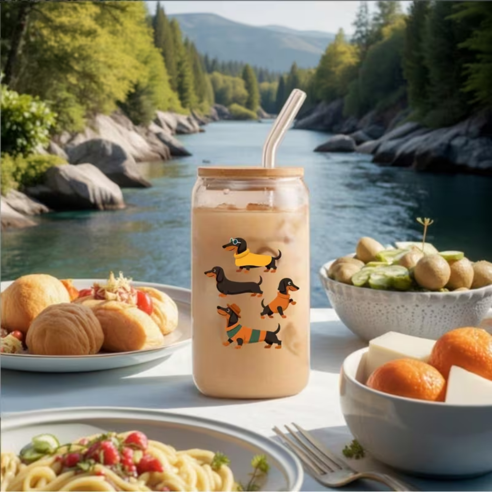 A clear glass tumbler with a bamboo lid and straw, filled with an iced coffee drink, decorated with cartoon dachshund illustrations. The tumbler is set on a table surrounded by food, with a scenic river and forest background.