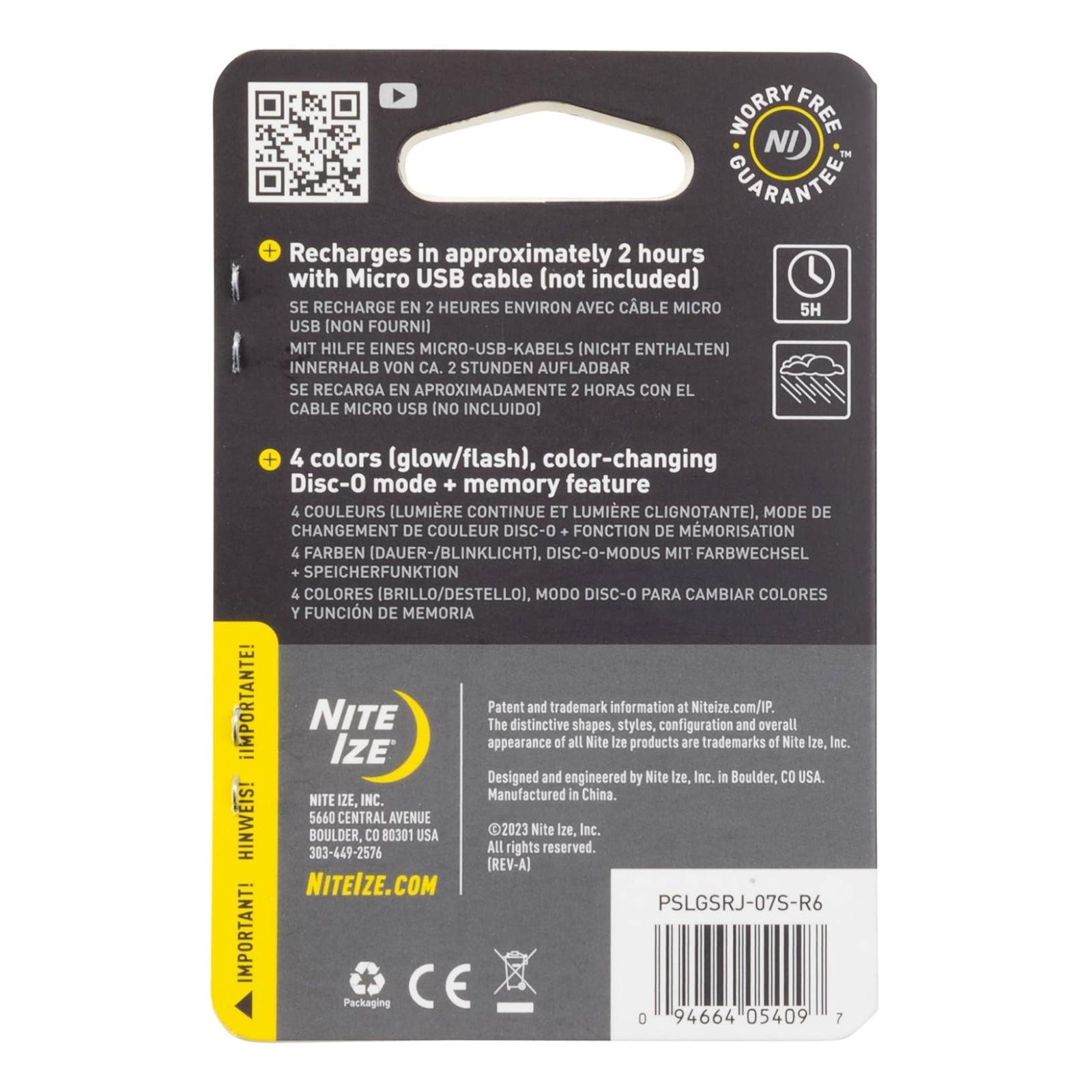 Back of a Nite Ize product packaging with text and QR code on a white background