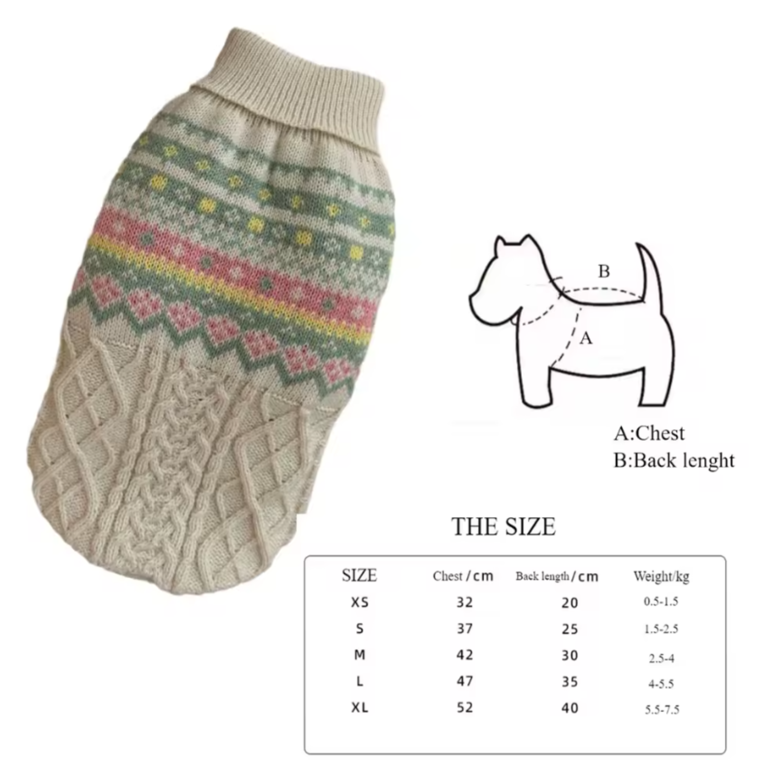 Dog sweater with patterned sleeves and measurement chart on a white background