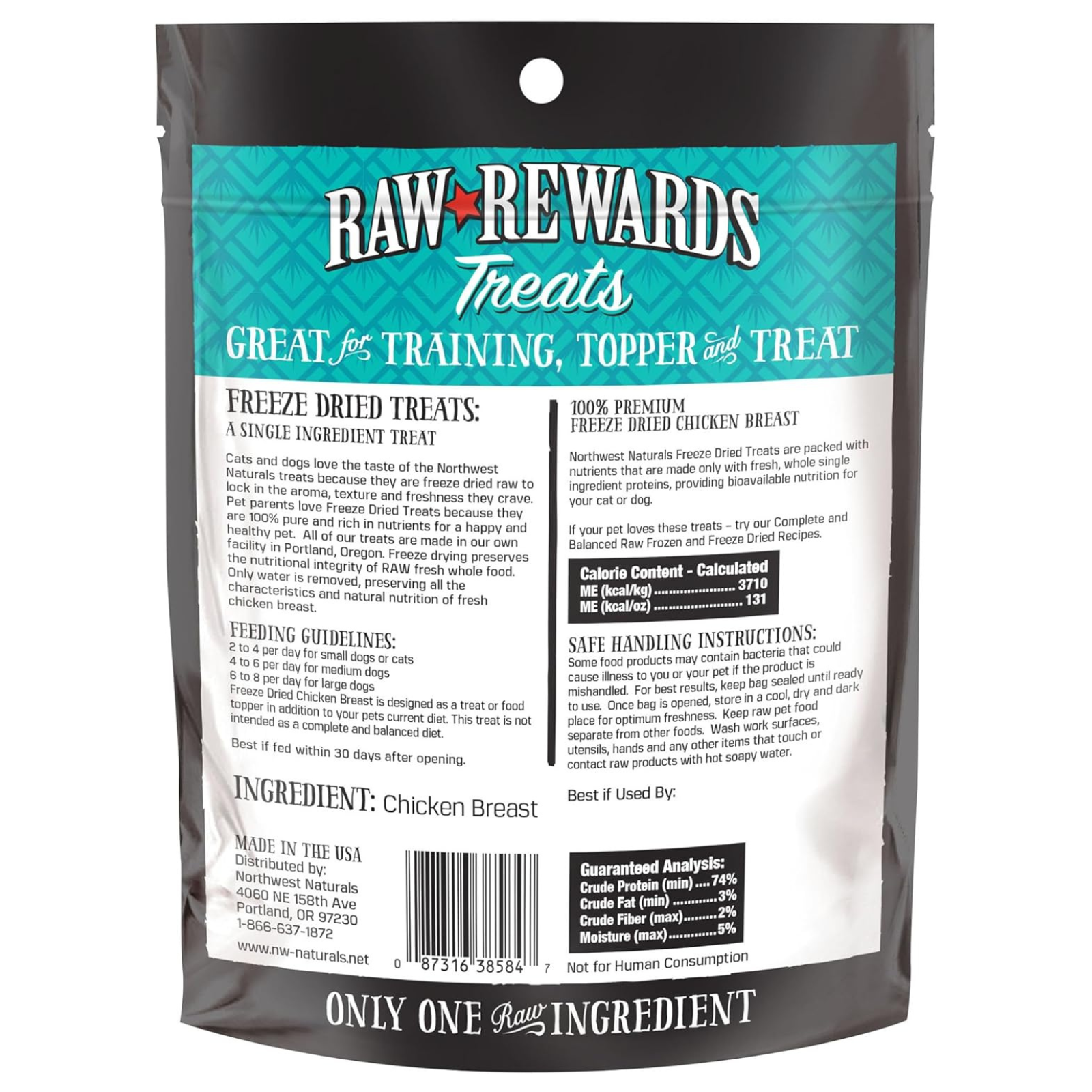 Raw Rewards Treats packaging with chicken breast flavor on a white background