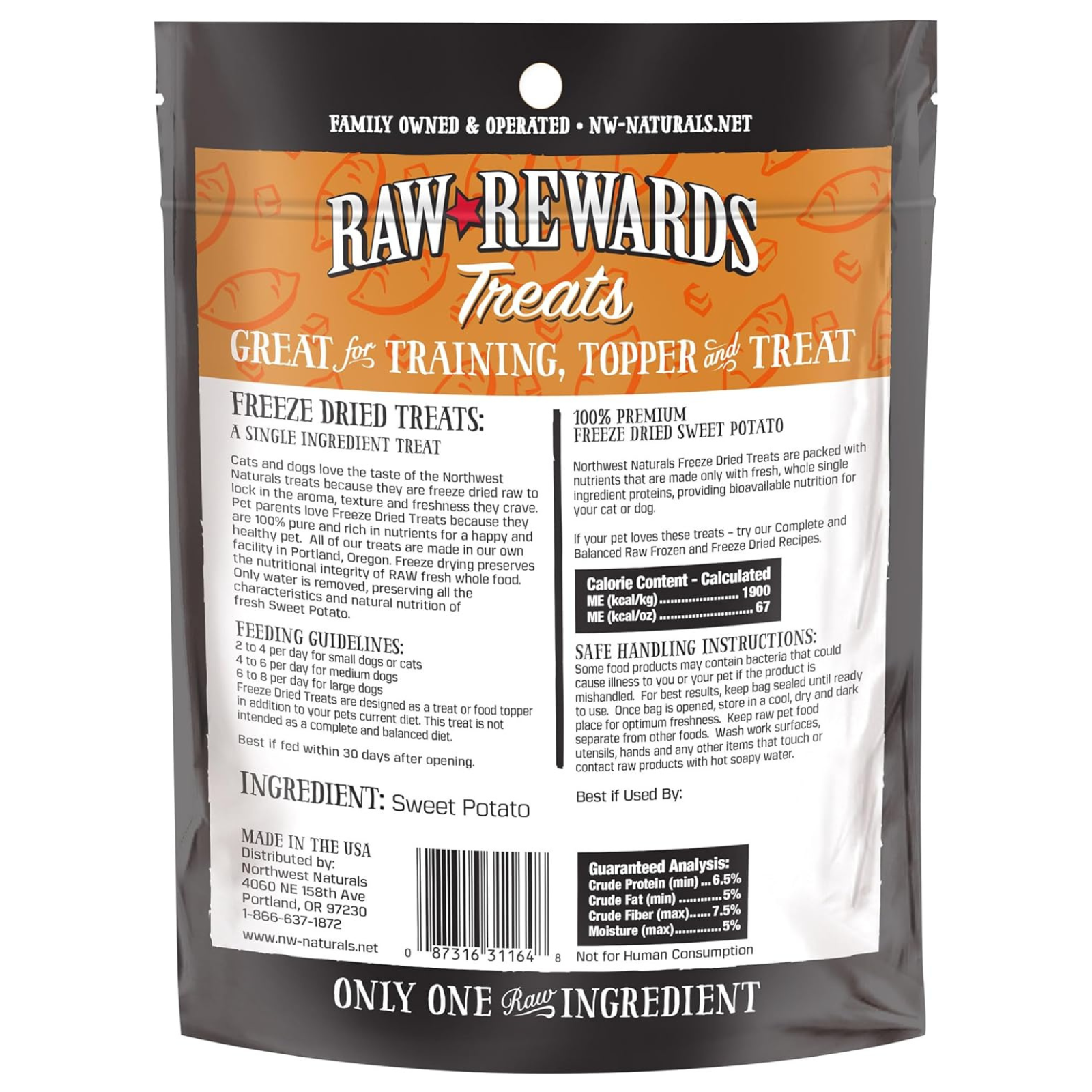 Raw Rewards Treats package with orange and black design on a white background