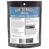 Raw Rewards Treats packaging with blue and white label on a white background