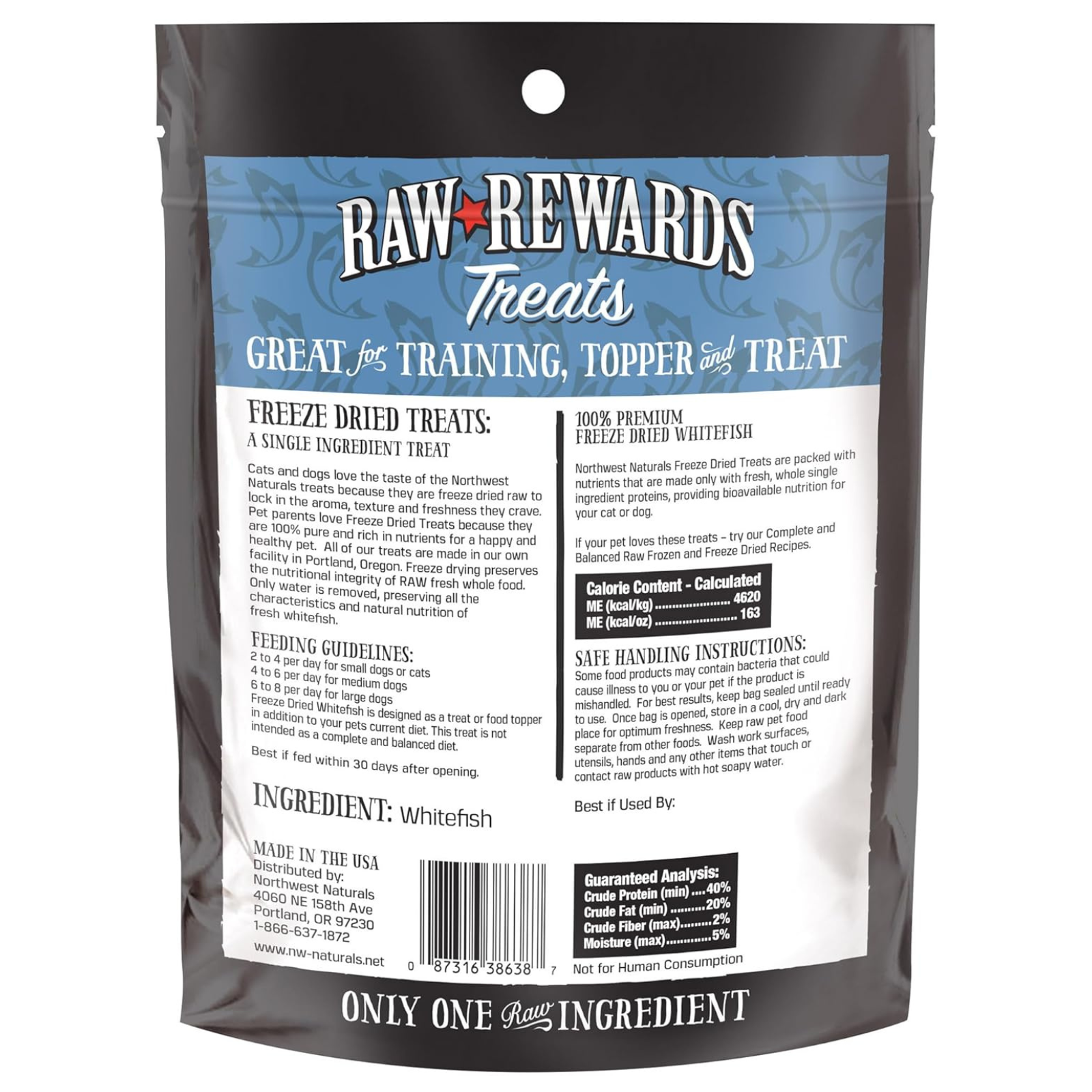 Raw Rewards Treats packaging with blue and white label on a white background